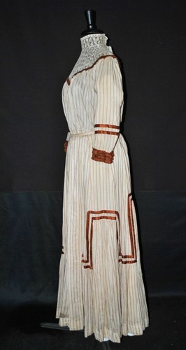 VICTORIAN 2 PIECE STRIPED COTTON DAY DRESS, 1900s - Picture 3 of 12
