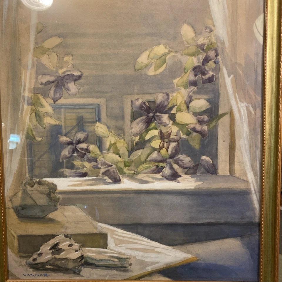 V. Ivanoff Listado Artista Acuarela Floral Bodegón Ventana Cape Cod Enmarcado Foto 2 de 4