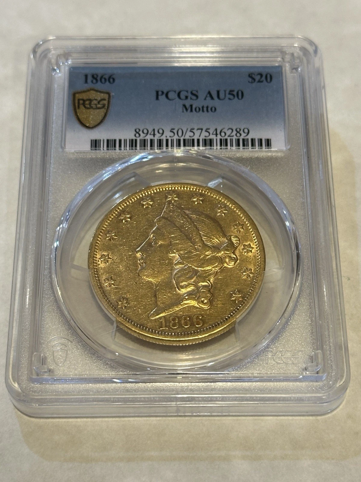 1866 AU50 PCGS $20 Liberty Double Eagle Gold Coin great appeal lustrous