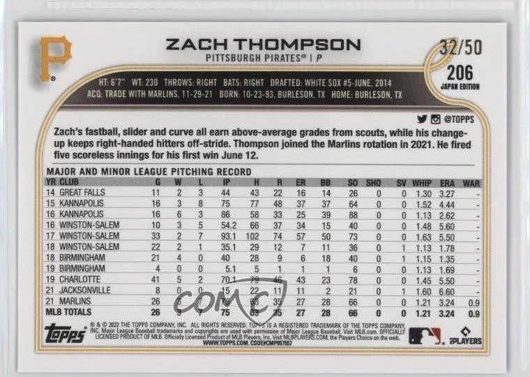 2022 Topps Japan Edition Purple /50 Zach Thompson #206 Rookie RC - Image 2 of 2