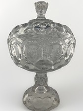 Vintage Pressed-Glass Pedestal Candy Dish With Lid Thumbprint Clear