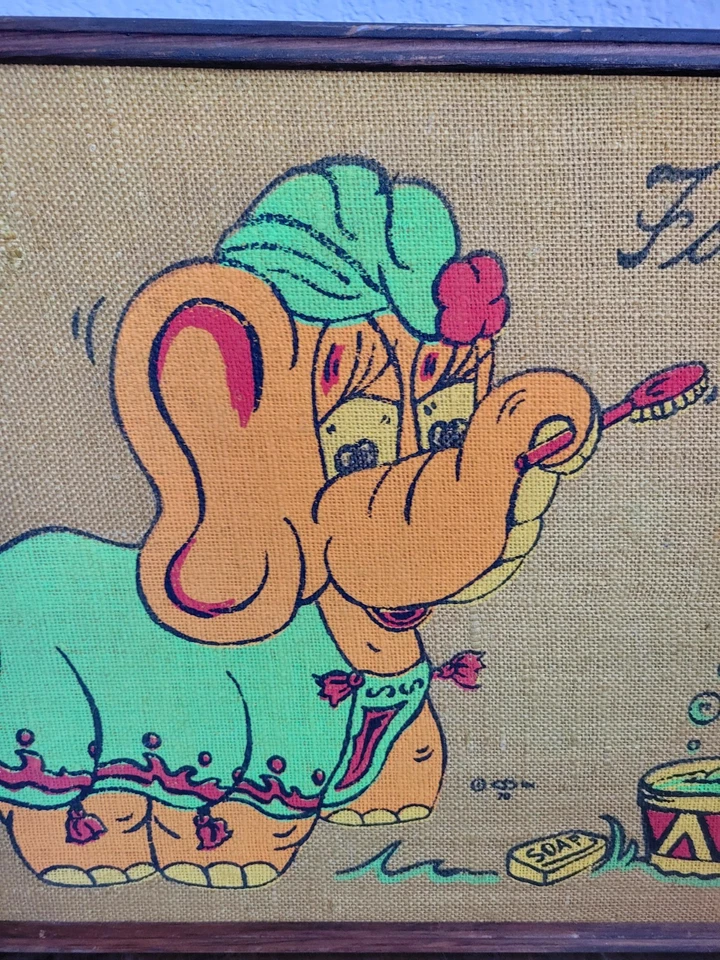 VTG 70s Tandy Corp FORGET IT Elephant Burlap Art Bulletin Tack Memo Board 24x18 - Image 3 of 4