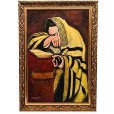 EFFLER Original Vintage Signed Judaica Rabbi Study Prayer Portrait Oil Painting