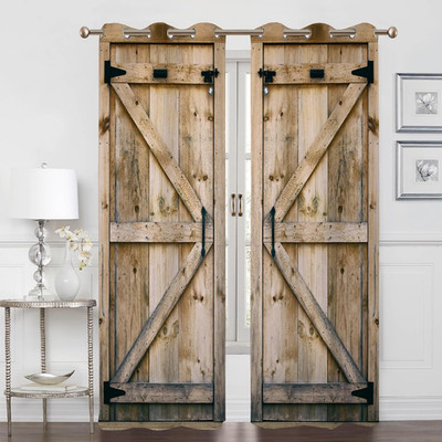 Rustic Brown Barn Door Blackout Curtains, 2 Panel Set for Farmhouse Style