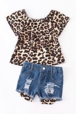 New Leopard Top Shirt Denim Shorts Set Girls 2 3 5 7 8