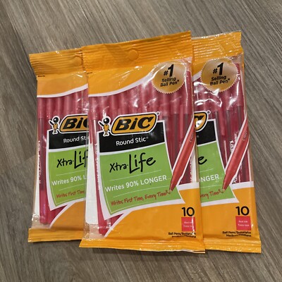 (3) BIC Round Stic Xtra Life Ballpoint Pen, Medium Point (1.0mm), Red, 10-Count