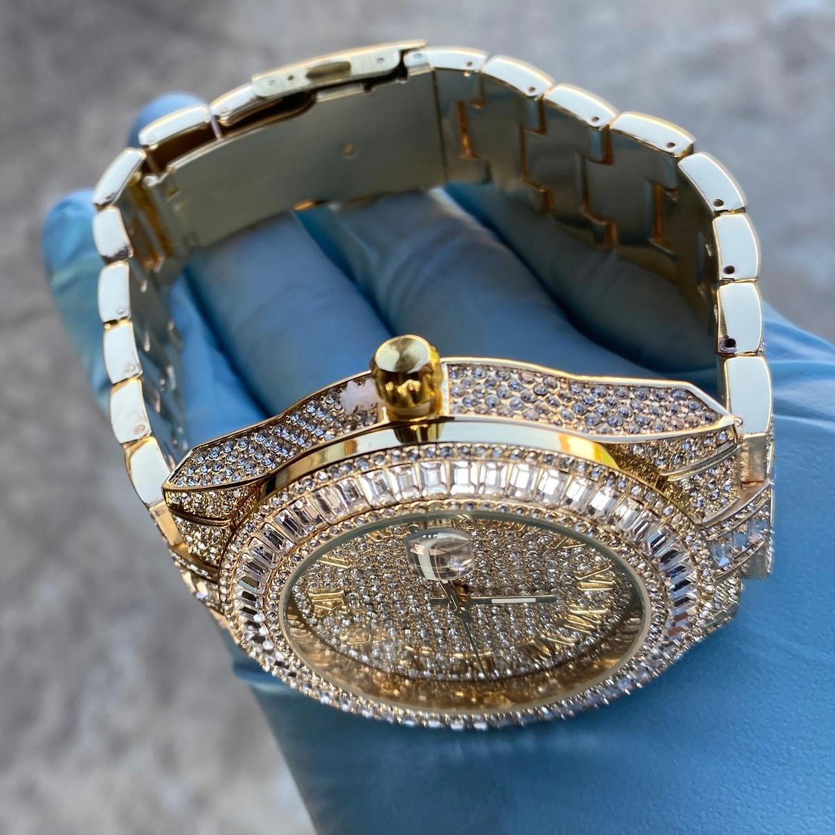 Men's Big Hip Hop Watch Iced Simulated CZ Baguettes Date