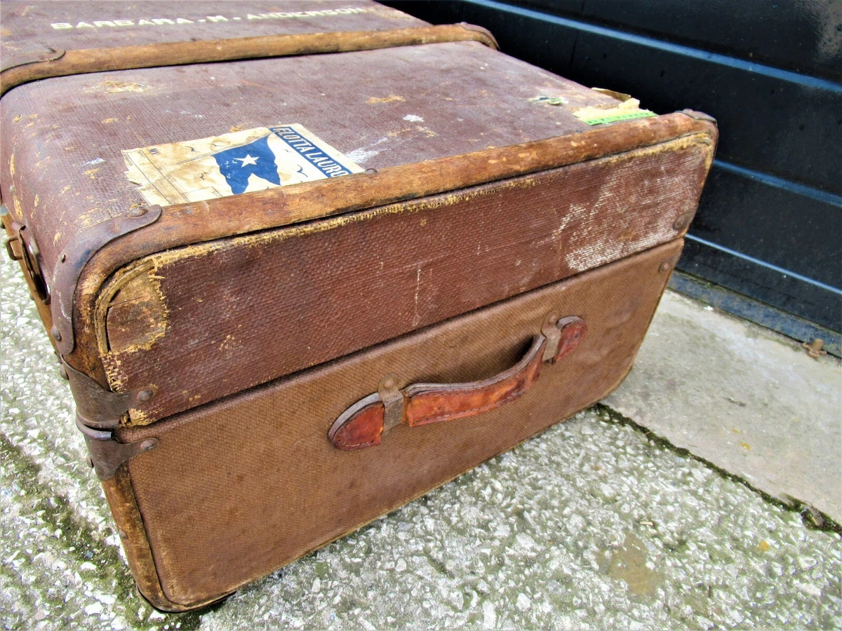 Vintage Wood Banded Leather Handled Steamer Trunk Chest Coffee Table