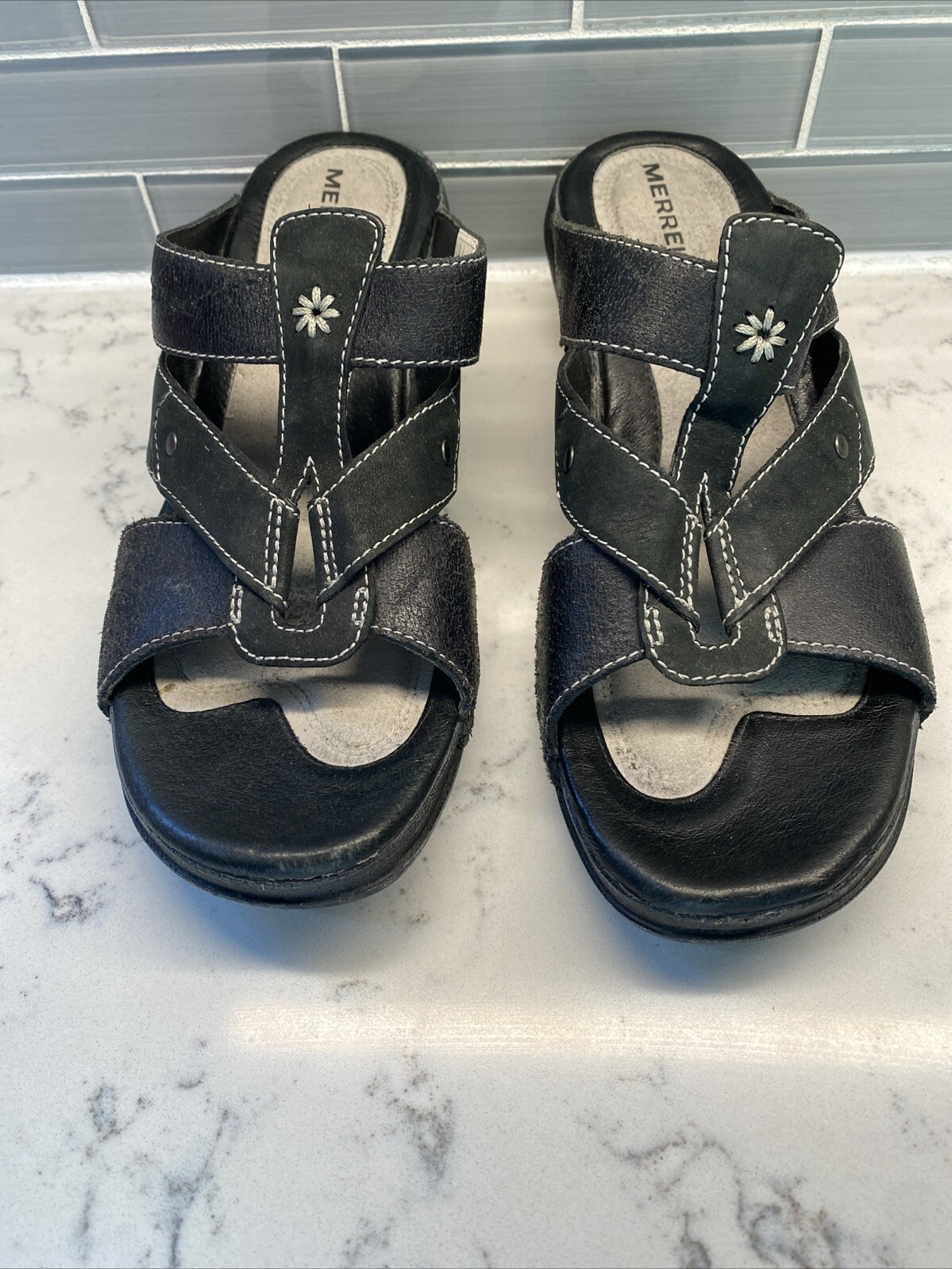 Sandali Merrell donna Y2K grossi neri Luxe slide pelle zoccoli con cinturino US 7