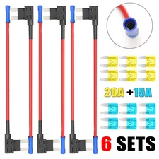 6 Pack Tap Mini Fuse Holder Kit 12V Adapter With 20A 15A Car ATM APM Blade Fuse