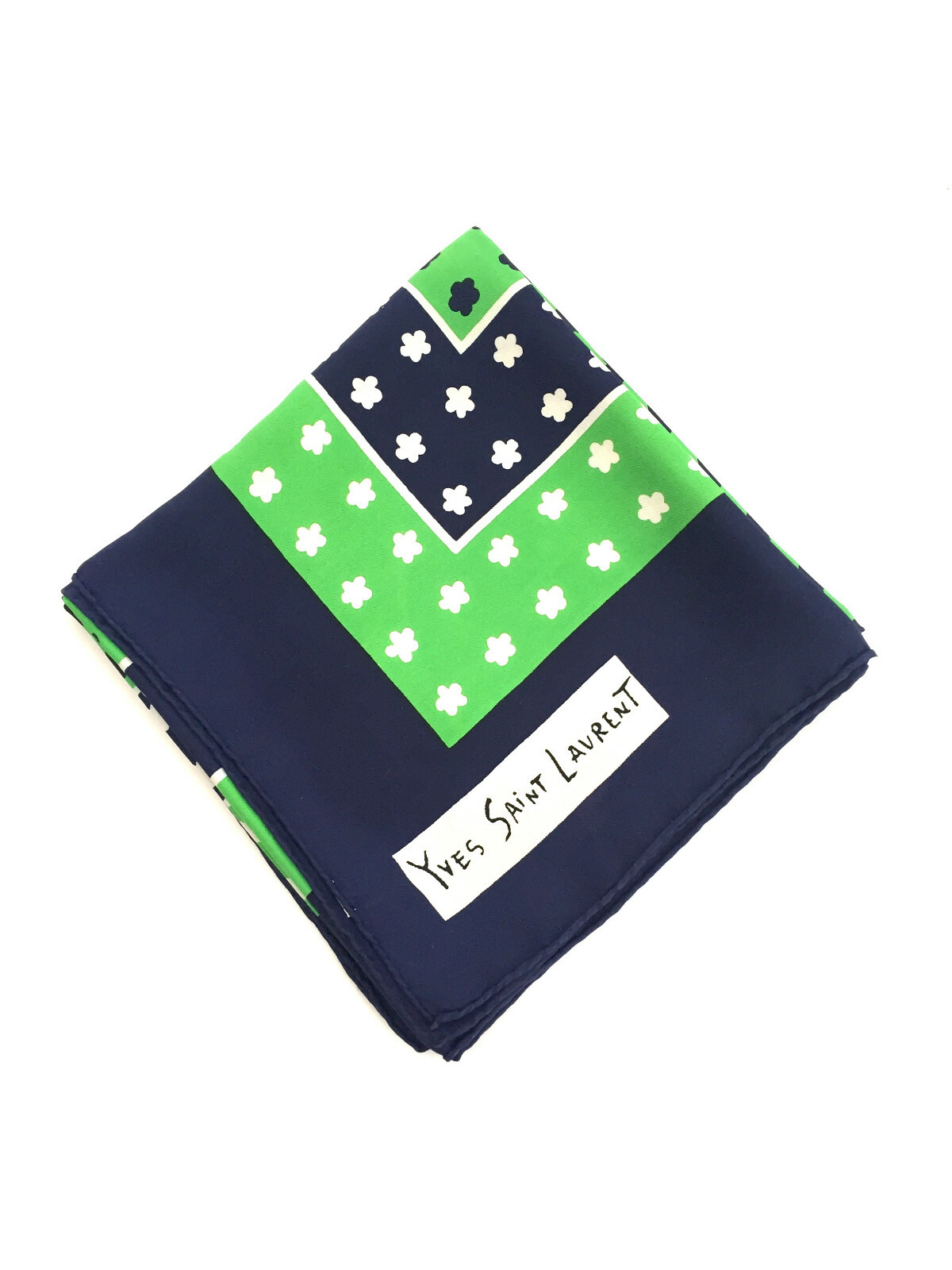 Sciarpa Twill Vintage Yves Saint Laurent blu navy verde stampa piccolo fiore seta