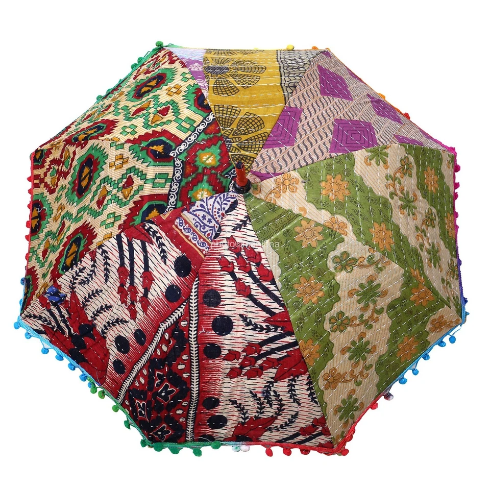 Guarda-sol vintage indiano antigo bordado à mão guarda-sol pom pom arte - Imagem 3 de 4