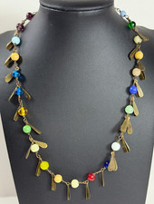 vtg 16" multicolor glass bead brass fringe choker necklace