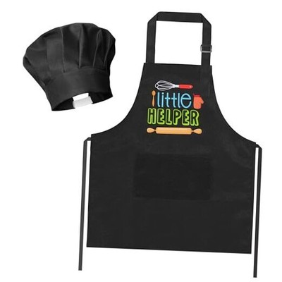  2Pcs Kid Apron and Chef Hat Set Adjustable Children Black Little Helper