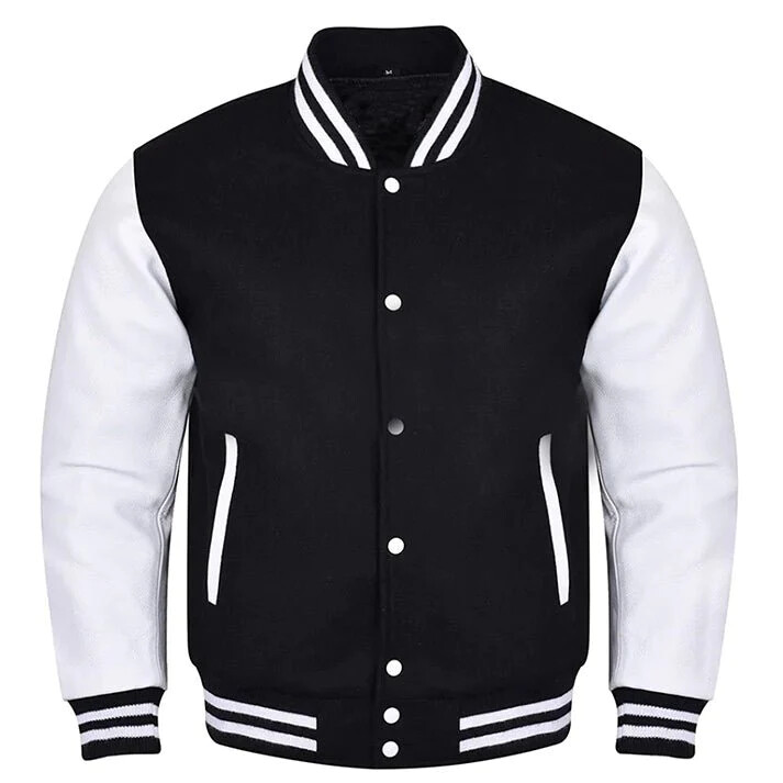 Chaqueta bombardero de béisbol Varsity Letterman para hombre - lana negra y cuero blanco