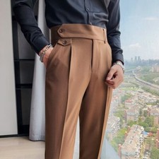Pantaloni uomo retrò cintura decoro casual pieghettati vita alta dritti moda