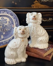 Gorgeous Rare 19C White English Staffordshire Spaniel Hunt Mantle Dog Pair 8.75”