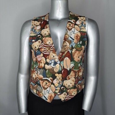 Facets Vtg Teddy Bear Vest Large Multicolor Tapestry VNeck Button Kidcore Whimsy