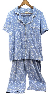 Bed Head Women L Pajama Set Stretch Short Sleeve Ocean Blue Cropped Pockets