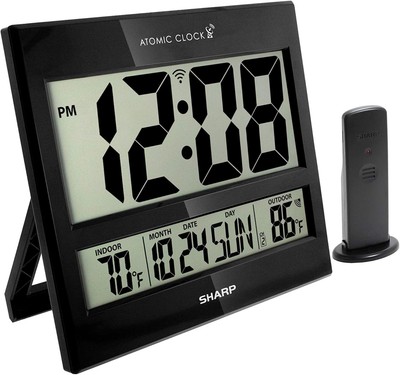 Contemporary Atomic Clock with Jumbo 3'' Display - Wireless Temp Sensor Included
