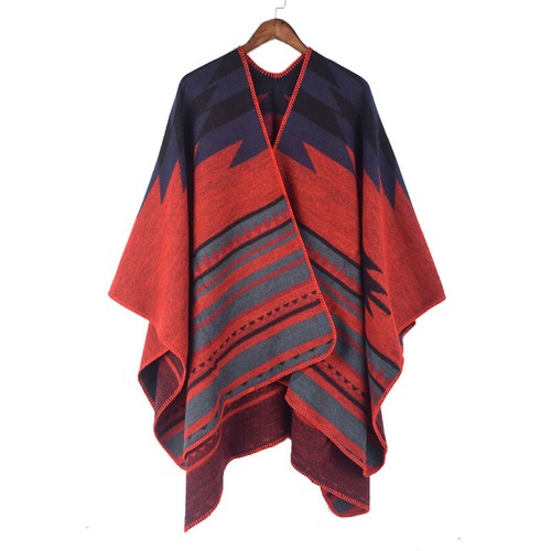 Lady Women Ethnic Faux Wool Shawl Cloak Cape Boho Coat Poncho Cardigan Jacket - Picture 4 of 8