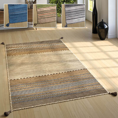 Wohnzimmer Natur Teppich m. Fransen, Handgewebter Muster Kelim, 100% Baumwolle