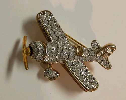 Gold Tone Rhinestone Airplane Brooch Air Plane VIntage Costume Jewelry