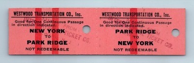 Westwood Transportation c1950s NY Park Ridge NJ Round Trip Bus Ticket Sample