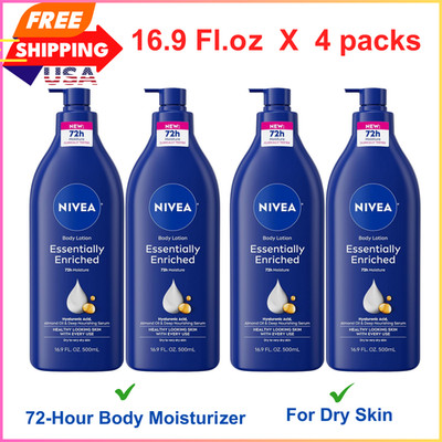 NIVEA Essentially Enriched Body Lotion for Dry Skin, Pack of 4, 16.9 Fl OZ Pump.