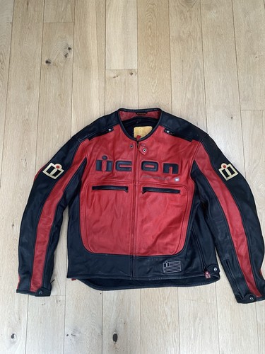 Icon Motorhead Leather Motorcycle Jacket Mens XL Red Black Biker