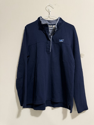 LL Bean Women Sunwashed Pullover Mock Button Kangaroo Blue Sweatshirt Large