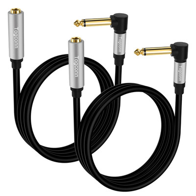 2 Feet Right Angle 1/4 Inch TS Extension Cable 2-Pack, 6.35Mm 1/4'' TS Male to Fe