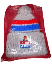 NEW~VTG~Shell Gasoline~Fire & Ice Knit Pom Hat~Logo OS~Gray Red Blue~RARE