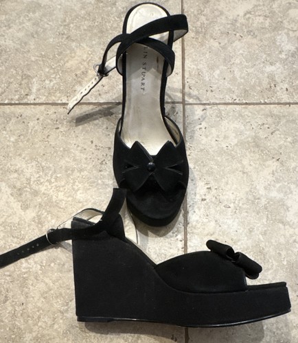 BLACK suede rockabilly 40s 50s Ankle Strap wedge pinup heels 7 1/2 M