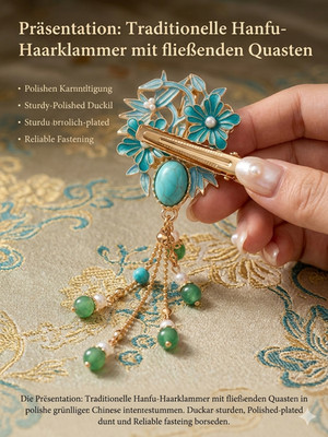 Haarspange im Hanfu Stil   Blau Emaille & Quasten   Retro Haarschmuck   Fu Symbo