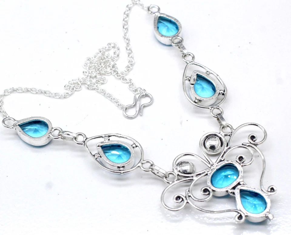 Swiss Blue Topaz Gemstone 925 Sterling Silver Jewelry Necklace Size-17-18" - Image 4 of 4