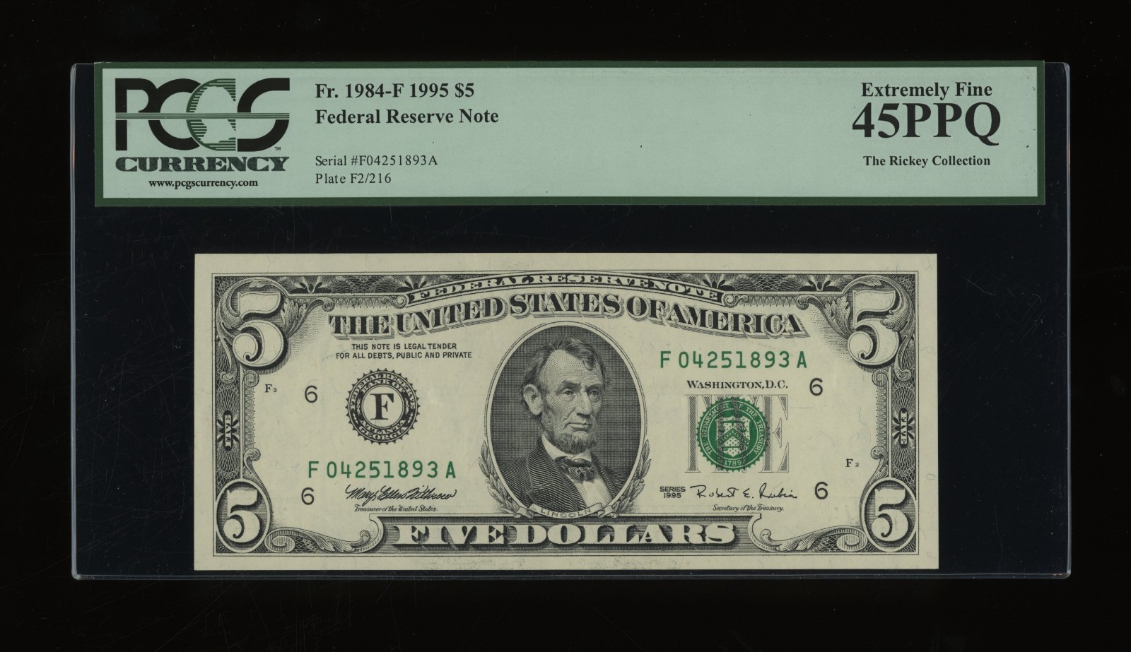 DBR 1995 $5 FRN Atlanta Fr. 1984-F PCGS 45 PPQ Serial F04251893A