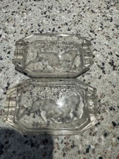 Vintage Frosted Glass Ashtray Pair Crystal Embossed Rams. Beautiful