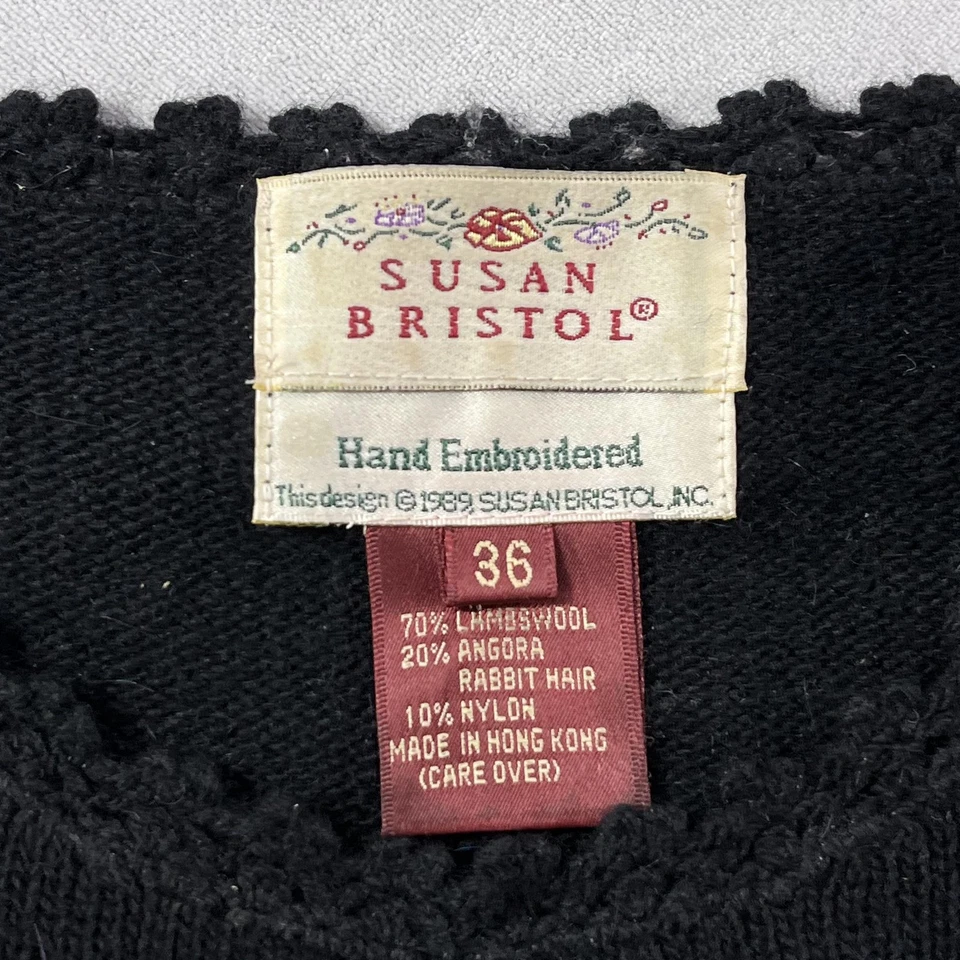Vintage Susan Bristol Sweater Womens 36 Black Floral Hand Embroidered Angora 80s - Image 3 of 4