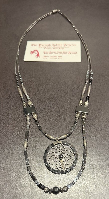 Vintage Southwest Silver & Hematite Sterling Dream Catcher  Necklace 24in