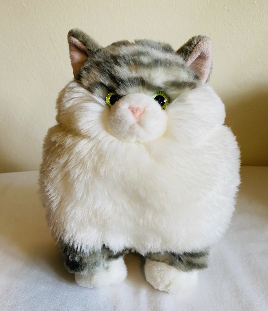 Chubby Gray White Tabby Cat Plush with Green Eyes – Aurora Fat Cat Dumpling