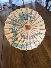 Vintage Japanese Bamboo 20" Umbrella Parasol Lacquer Rice Paper Pheasant Flowers
