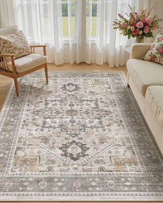 #ad #ad 5x8 Vintage Area Rug: Washable Neutral Soft Non Slip Thin Large Floor Carpet ... $87.09