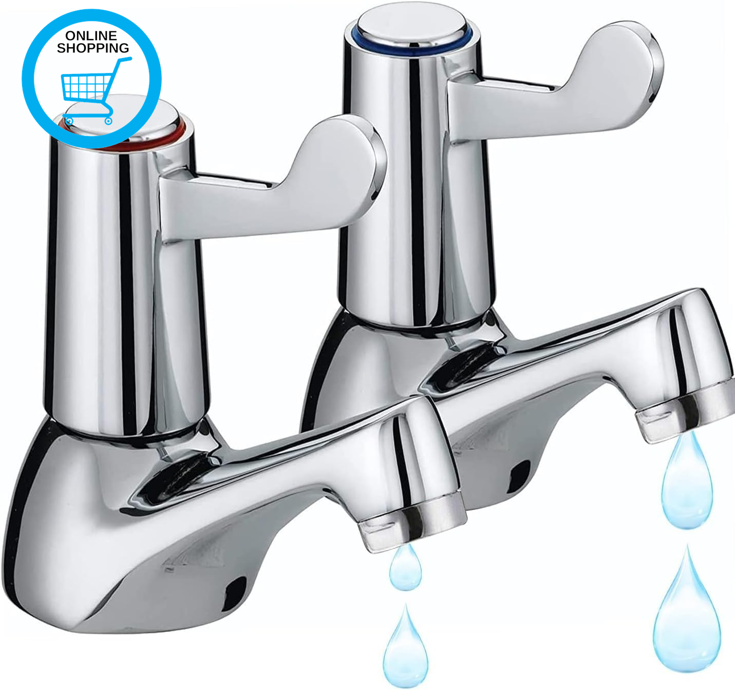 Pair of Bathroom Basin Taps, Quarter Turn Basin Taps, Chrome Brass Pillar Hot an