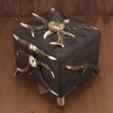 Antique German Black Forest Hunt Real Antler Oak Wood Carving Cigar Humidor Box 