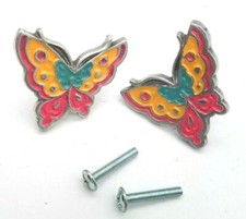 2 Colorful Enamel Butterfly Metal Knob Drawer Cabinet Pulls Silver Pink Yellow