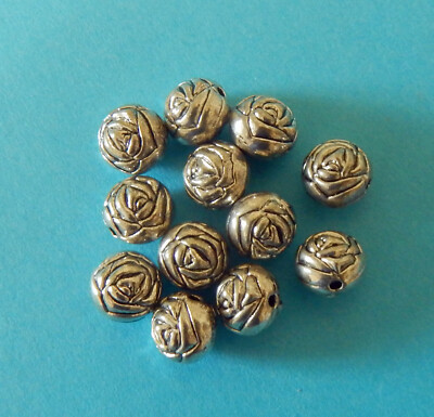 9mm Round Rose Beads Antique Silver Plated Copper 12 Pcs