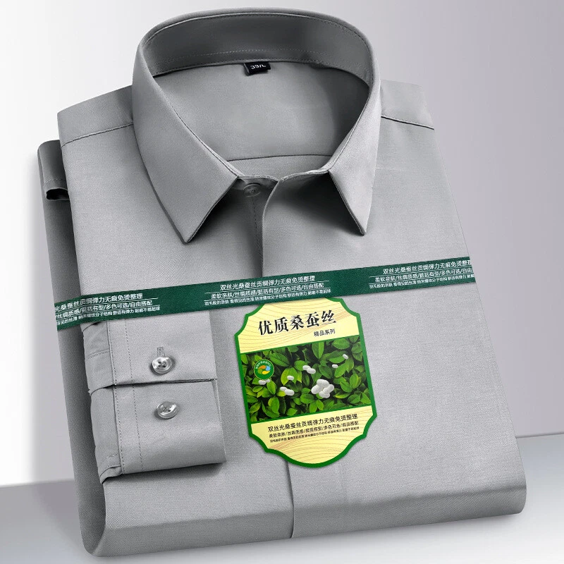 Camisas de vestir para hombre mangas largas formales negocios sin hierro mezcla de seda camisas informales Foto 4 de 4