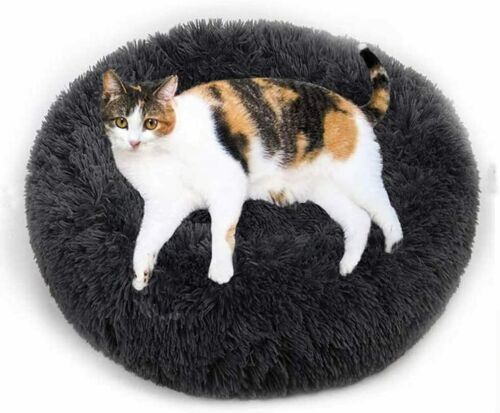 Dog Bed & Cat Bed Round Plush Warming Cozy Soft Pet Beds for Kittens Puppy Grey - Picture 3 of 9