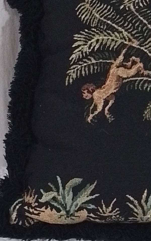 Pair Throw Pillows Monkeys Tapestry Palm Tree 16’’x16’’x5” Black Fringe - Image 3 of 4